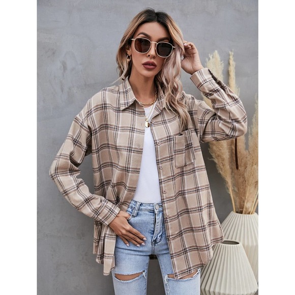 Preppy oversized Plaid print long sleeve button up Shirt - Picture 3 of 11